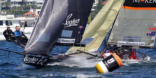 Coopers 62-Rag & Famish and The Kitchen Maker at the windward mark on lap 3 of the 4-lap course. - 18ft Skiffs - Club Championship 2017 © 18footers.com